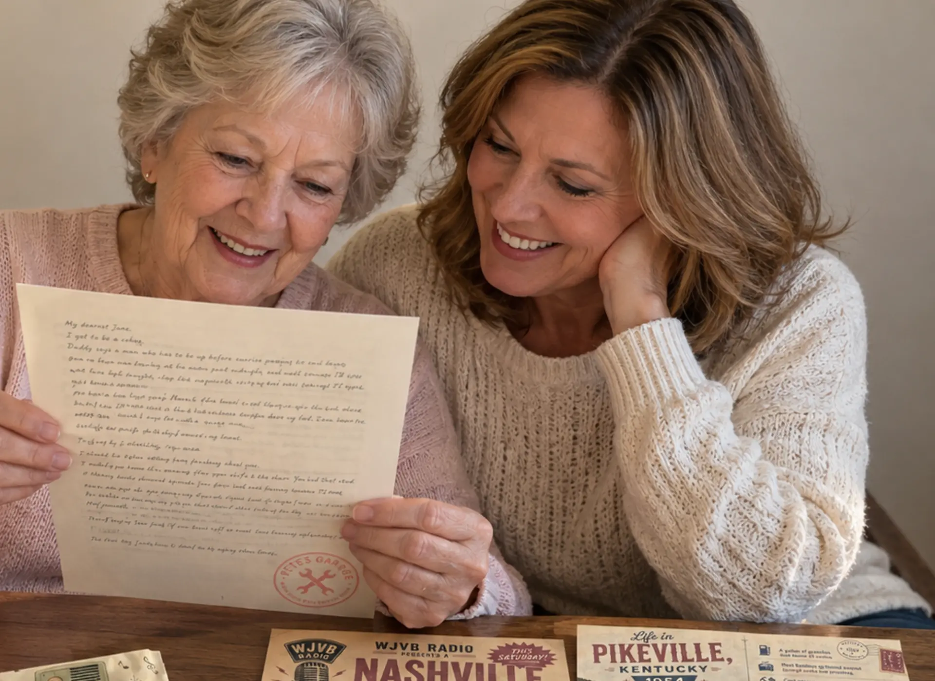 Two women reading a handwritten letter together