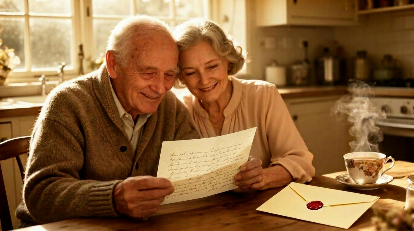 An elderly couple reading a letter together at a sunlit kitchen table